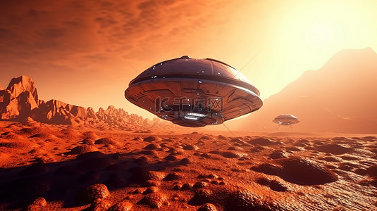科幻场景中悬停在超凡脱俗的星球上空的球形宇宙飞船的 3D 插图