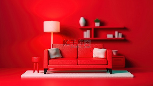 生活图标背景图片_狭小的室内空间，配有红色沙发，单色背景，带有 3D 红色图标