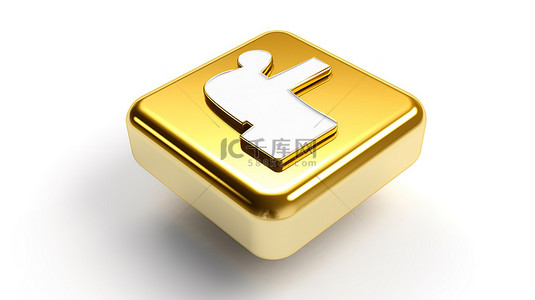 金色手渲染，在平原背景上隔离的白色方形按钮键上有一个竖起大拇指的图标