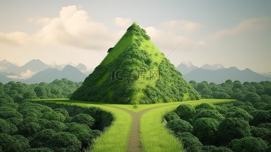山树背景背景图片_绿色丛林路径 3D 概念道路在孤立的山树和草丛中