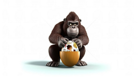拿着巧克力复活节彩蛋的幽默 3D 大猩猩