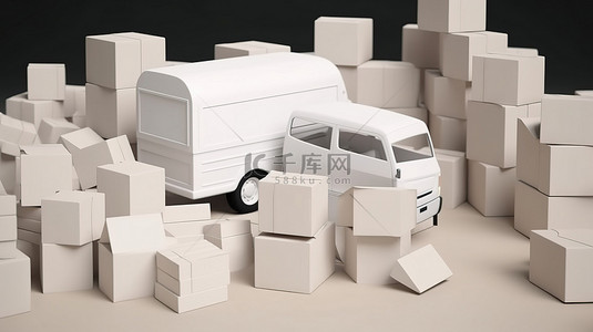 白色货车背景图片_一辆白色货车和一系列纸板箱的 3D 插图