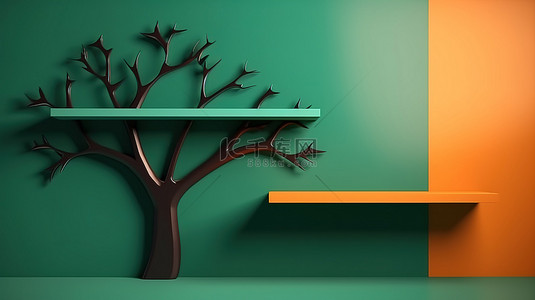 绿色展示背景图片_产品样机背景，墙上有 3D 架子，绿色和橙色背景上有树影