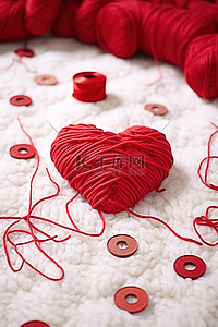 红色的心形纱线和纽扣放在白色的毯子上