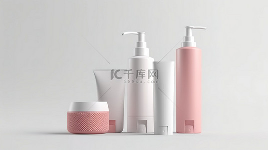 面膜包装设计背景图片_护发化妆品的 3D 渲染，包括白色背景上隔离的洗发水面膜和奶油