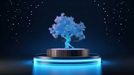 蓝色点亮的产品演示讲台，带有树主题模型 3D 渲染