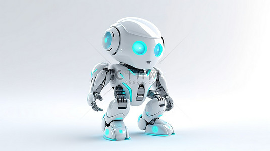 可爱的人工智能机器人在纯白色背景上运动 3D 渲染