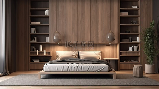 房间内背景图片_现代木质卧室，带时尚的内置书架，采用 3D 渲染