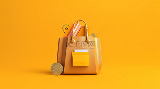 带信用卡和金币的购物袋的简约 3D 渲染