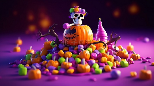 万圣节主题物品的 3D 渲染，包括巫婆帽骨头头骨南瓜彩色糖果和漂浮在紫色背景上的糖果
