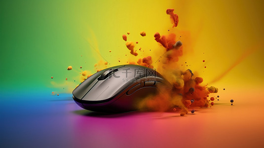桌面用品背景图片_喷涂彩色背景增强了 3d 渲染的无线鼠标