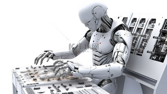 操作控制面板的机器人的白色背景 3d 渲染