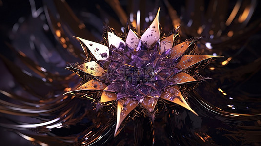 紫色琥珀宝石中超现实的外星太阳雪片花，令人惊叹的抽象艺术 3D 渲染