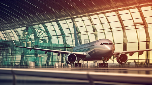 航空公司背景图片_带机场标牌的现代摩天大楼航站楼的 3D 插图