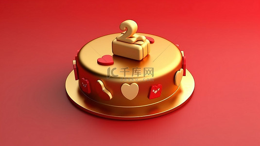 生日红色蜡烛背景图片_标志性生日蛋糕，金色色调的 3D 渲染符号呈现在红色哑光金盘上