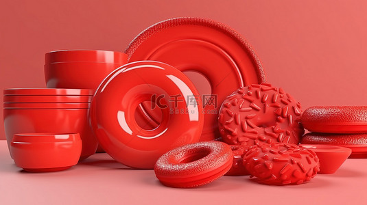 浅色塑料背景上甜点的单色纯红色 3D 图标
