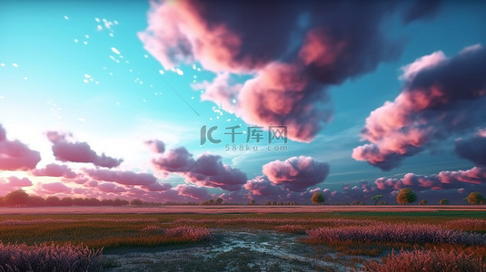农村小路背景图片_壮丽的傍晚阳光下迷人的田野，宁静的天空和粉红色的云彩 3D 插图