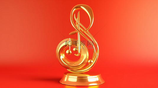 金色音乐奖的 3d 插图有红色背景和高音谱号的