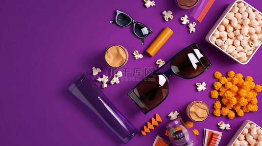 电影观看必需品场记板 3d 眼镜啤酒和零食紫色背景顶视图