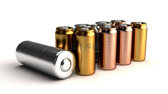 电池充电动图背景图片_白色隔离背景 3D 渲染上显示的不同尺寸的各种电池