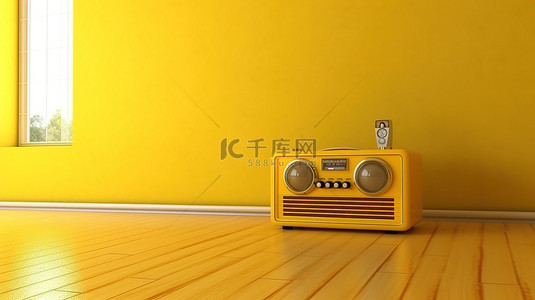 黄色房间中单独站立的收音机的 3D 渲染图像