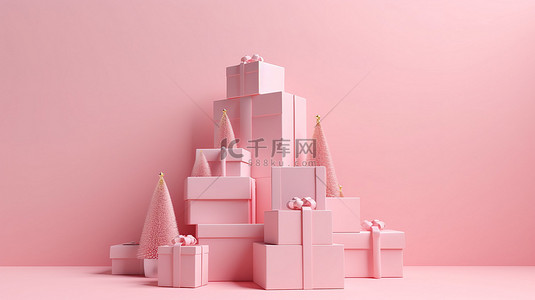 漂亮的柔和圣诞礼品盒装饰在 3D 渲染图像的领奖台上