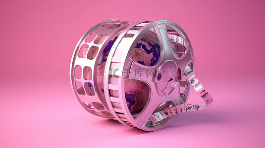 3D 渲染的地球形状的电影磁带包裹在粉红色背景上的胶片卷轴上
