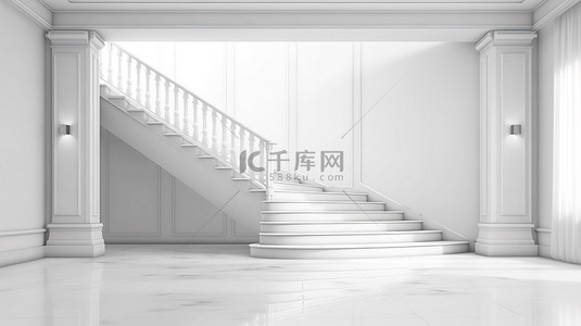 空房间中白色色调楼梯的简约 3D 渲染