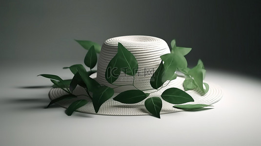 大自然叶子背景图片_白色表面饰有 3D 夏季帽子和叶影