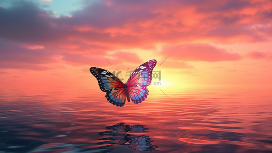 蓝色夜背景背景图片_充满活力的蝴蝶在暮光 3D 渲染中以一系列颜色在海面上翱翔