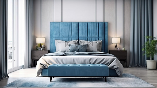 双人床背景图片_从正面看现代卧室中蓝色和灰色双人床的 3D 渲染
