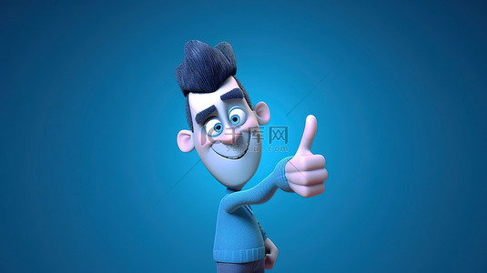 蓝色袖子卡通人物以 3D 形式渲染，顽皮地用手指指着