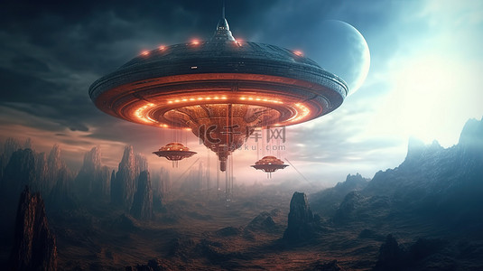星球未来科技背景图片_悬停在外星球上空的球形外星飞船的 3D 艺术插图