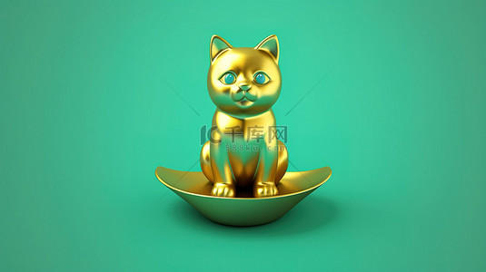 福尔图纳金猫符号具有潮水绿色背景的 3D 渲染社交媒体图标