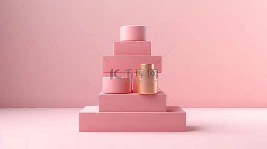 柔和的背景化妆品展示架，带有五个粉红色块 3D 渲染插图