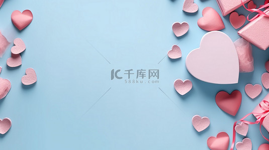文字模板模板背景图片_柔和的蓝色母亲节横幅，带有心丝带礼物设计，适用于网站标题和贺卡顶视图