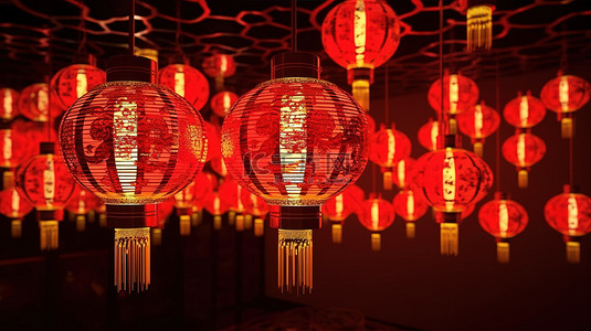 发光的灯泡照亮 3D 渲染的中国新年红色和金色灯笼