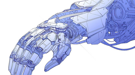 白色背景在 3D 渲染中展示蓝色线框机械臂