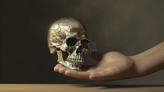 手握头骨的 3D 插图，参考《哈姆雷特》