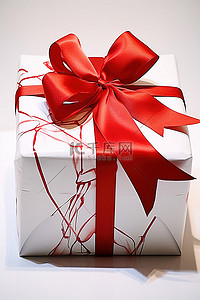 一个礼品盒用红色包装纸和红色丝带包裹着