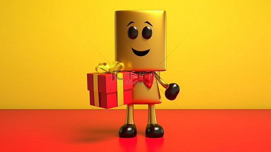3D 渲染的金色奖杯吉祥物，配有礼品盒和红丝带，在黄色背景下庆祝获胜者的成就