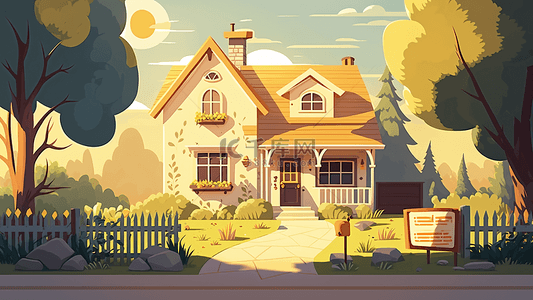 房子卡通橘色花园豪华背景