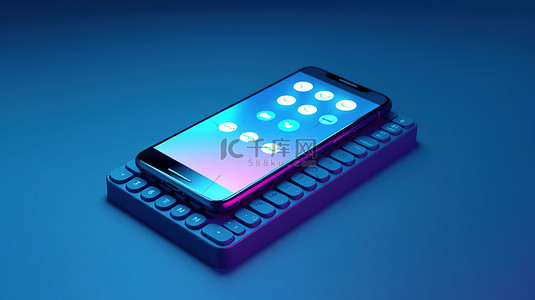 商城图标背景图片_智能手机的 3D 渲染，带有启用表情符号的聊天键盘和蓝色背景上的通知图标