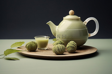 茶叶尖龙井背景图片_png 绿茶抹茶壶和贝壳