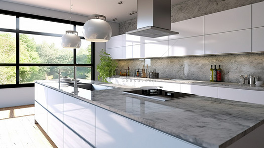 桌台面背景图片_时尚现代的厨房，配有明亮的台面水槽炉灶和岛屿 3D 图形