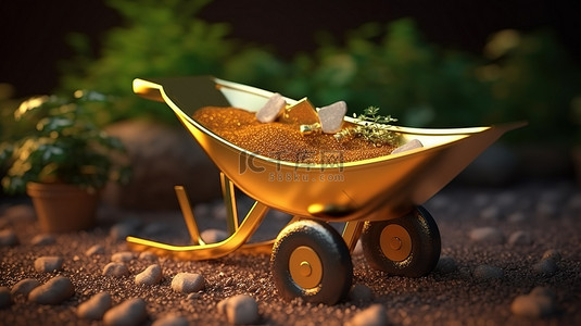 用于园艺和建筑的金色独轮车的 3D 渲染