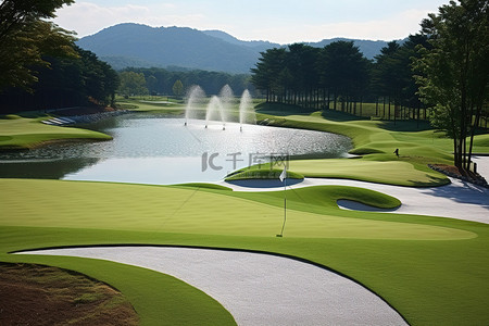 手绘高尔夫球场背景图片_依山傍水的公园内的高尔夫球场