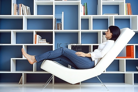 坐在腿上背景图片_一位女士坐在躺椅上，双腿放在书柜前