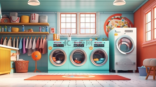 房屋设施背景图片_配备现代洗衣机的投币洗衣设施的卡通 3D 插图