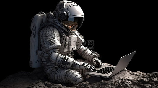 使用笔记本电脑创新插图的宇航员 3d 渲染
